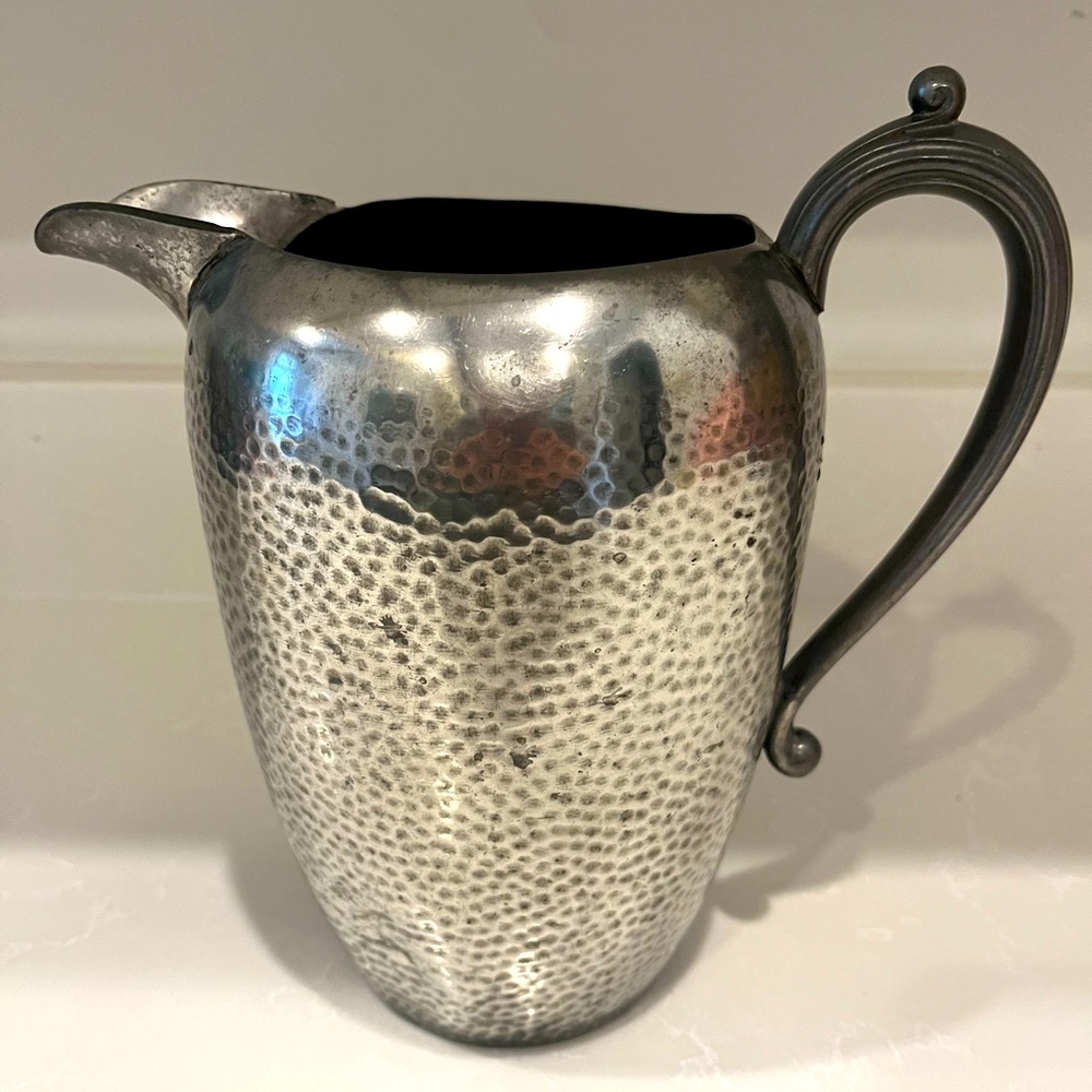 Vintage / Antique Pewter Pitcher Continental 809 Hammered Decorative Handle